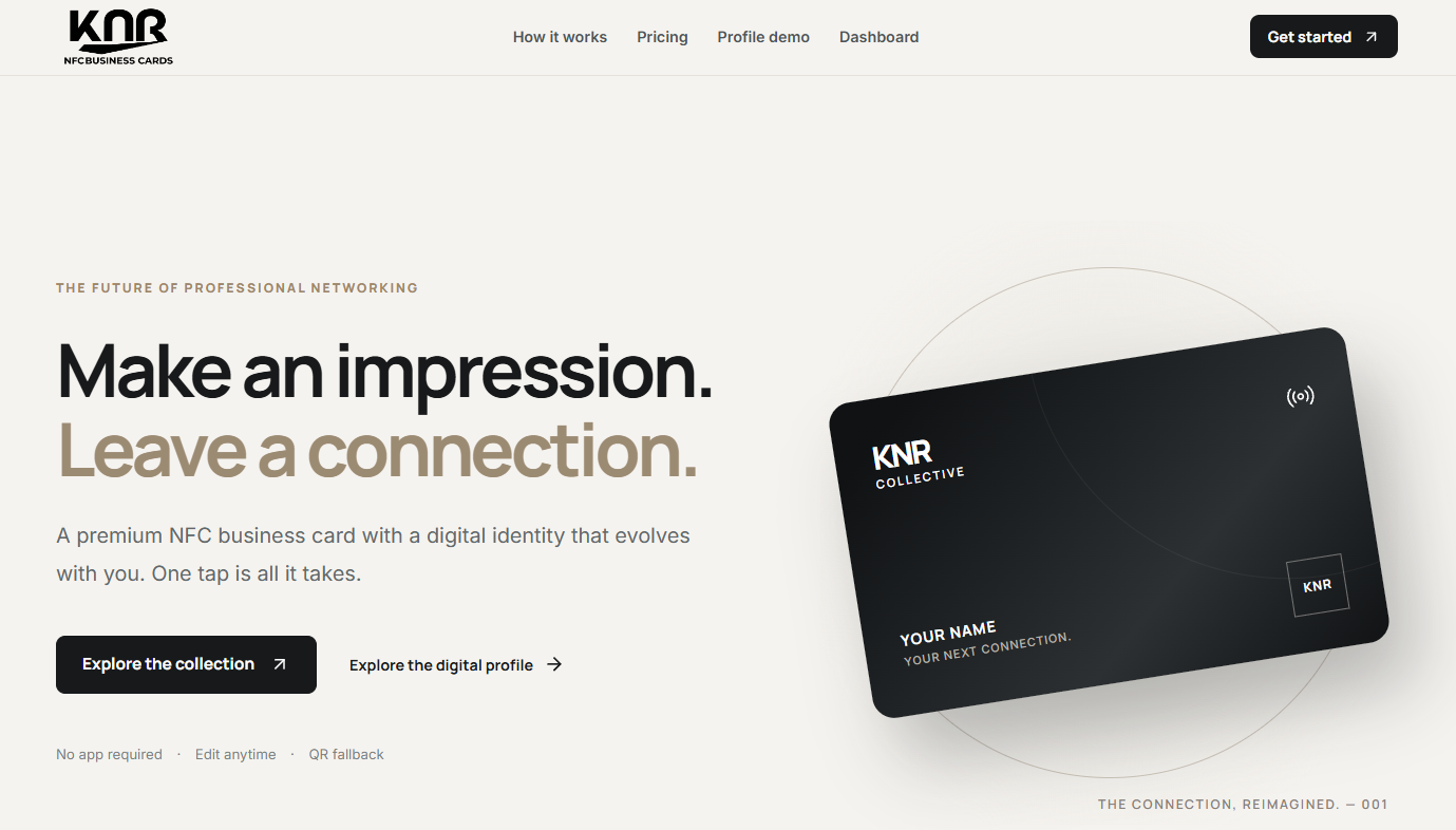 KNR NFC business card landing page with a black card mockup and links to the collection and digital profile.