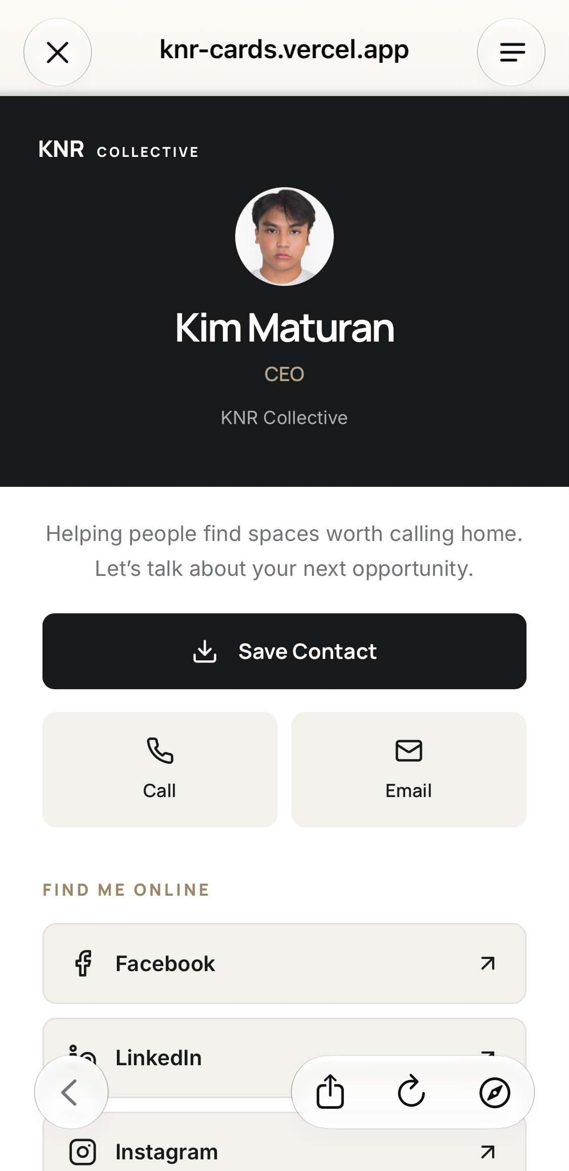 KNR public digital profile for Kim Maturan on a mobile browser, with Save Contact, Call, Email, and social links.