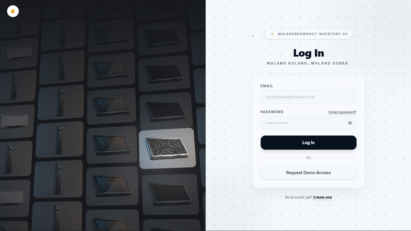 WalangBrownout login form with email and password fields beside a grid of electronic components.